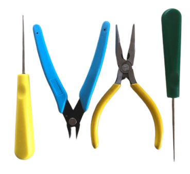 Stringing tool set consisting of two awls, needle nose pliers, side cutter.